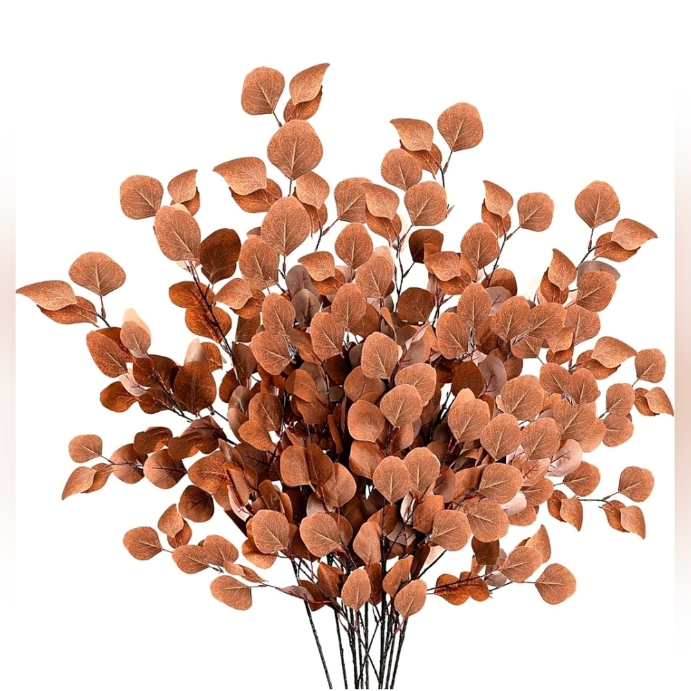 FAKE FAUX BROWN LEAVES STEM DECOR - EUCALYPTUS - LEAF BRANCHES - 5 PIECES